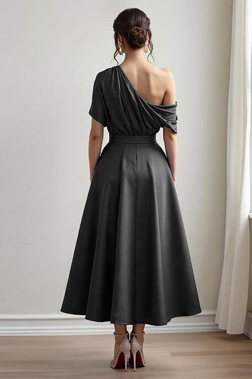 Black Satin A Line Mother Of The Bride Dress With Pockets